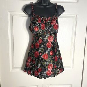 Vintage BCX Shirt Women L Black Red Rose Polka Dot Babydoll Padded Cups Tank Top